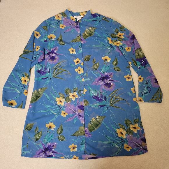 Susan Graver Style Size XL Button Front Sheer Tropical Crinkle Chiffon Tunic Top - Picture 2 of 15